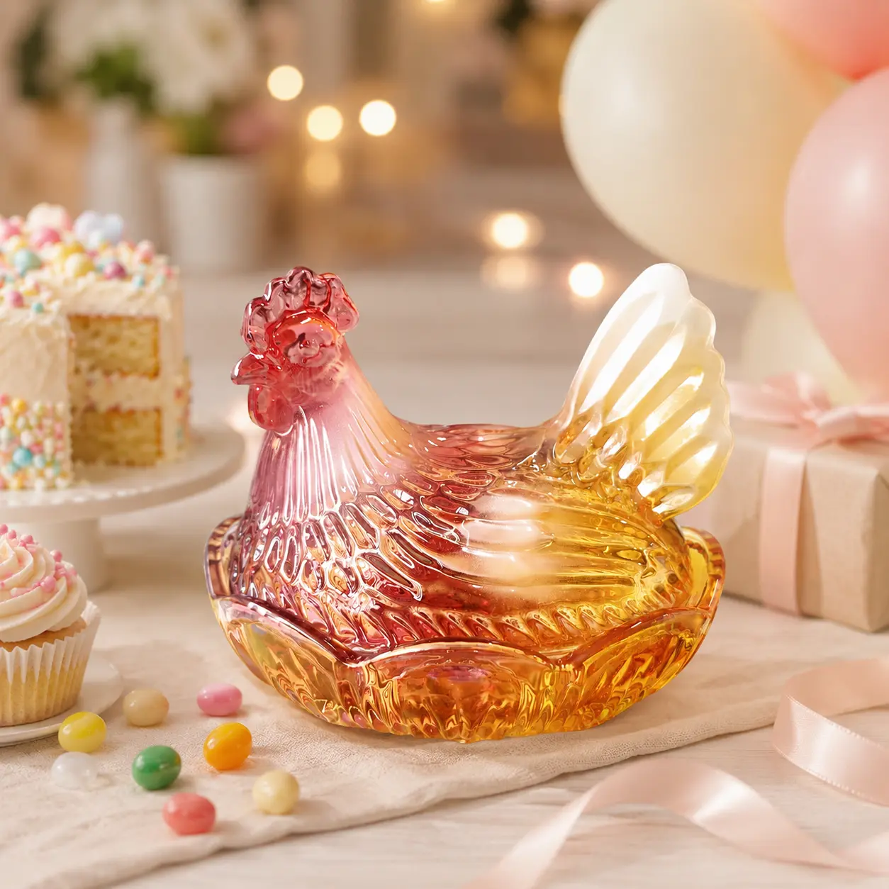 Airtight Patriotic Chicken-Shaped Colored Glass Candy Jar with Lid - 4th of July Theme, Detailed Hen-On-Nest Inspired Irregular Design, Farmhouse Kitchen Storage Container, All Ages Independence Day Gift, Casual, Desk