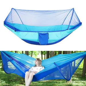 Camping Hammock with Mosquito Net, Automatic Quick Open, 210T Nylon Parachute Material, 13ft Tree Straps & Carabiners, 400LBS Capacity, Blue Portable Outdoor Hammock