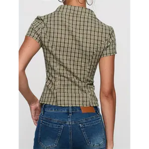 Women's Y2K Plaid Shirt Top - Olive Green & White Checkered Cropped Short Sleeve Button-Up, Slim Fit Streetwear Blouse for Spring Summer Fall Casual Outfits, Crop Top Blouse, Formal Look Blouse, Daily Wear, Durable Fabric, Fashion Lovers Wo