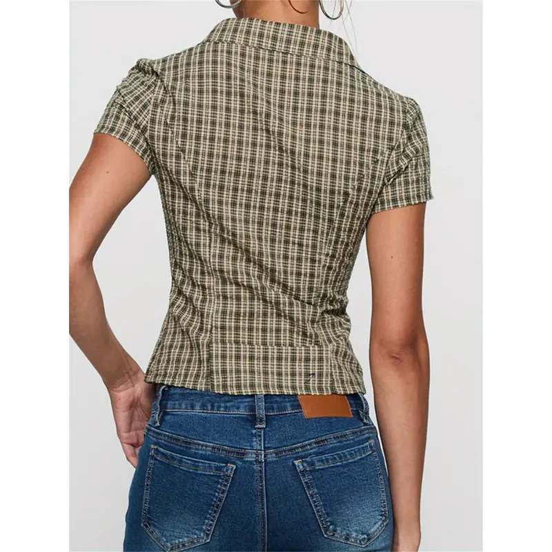 Women's Y2K Plaid Shirt Top - Olive Green & White Checkered