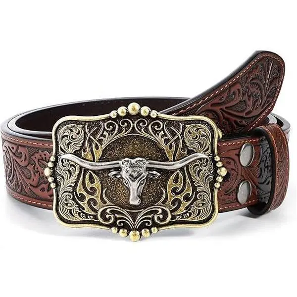 Western Cowboy Belt with Removable Longhorn Bull Buckle & Tooled Floral Pattern