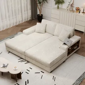 79.5" Oversized Double Chaise Lounge Chair Indoor, Modern Upholstered Sleeper Sofa Bed with 2 Storage Armrests & Throw Pillows, Comfy Fluffy Corduroy Couch for Living Room (Beige, 79.5" Double Chaise)