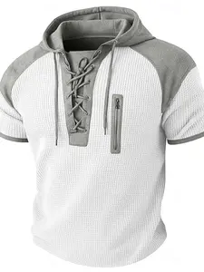 New Men's Hooded Short Sleeve Sweatshirt, Waffle Patchwork Color Block Top, Versatile Casual Sport Polo Shirt, European and American Style