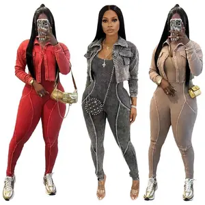Summer/Spring Women’s Fashion Two-Piece Set — Washed Knit Long-Sleeve V-Neck Coat + Pencil Jumpsuit (Active), Tracksuit, Lightweight Women’s Wear, Check Overalls, Gamis Sleeveless Fitted