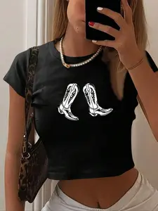 Women's Cowboy Boots Round Neck Fitted Crop Tee, Fashion Casual Comfy Boho Geometric Short Sleeve T-shirt Tops for Daily Holiday Vacation Outdoor Wear, Ladies Clothes for Summer, Halloween