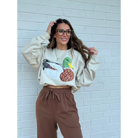 Faux DTF Print Neutral Patchwork Mallard Sweatshirt