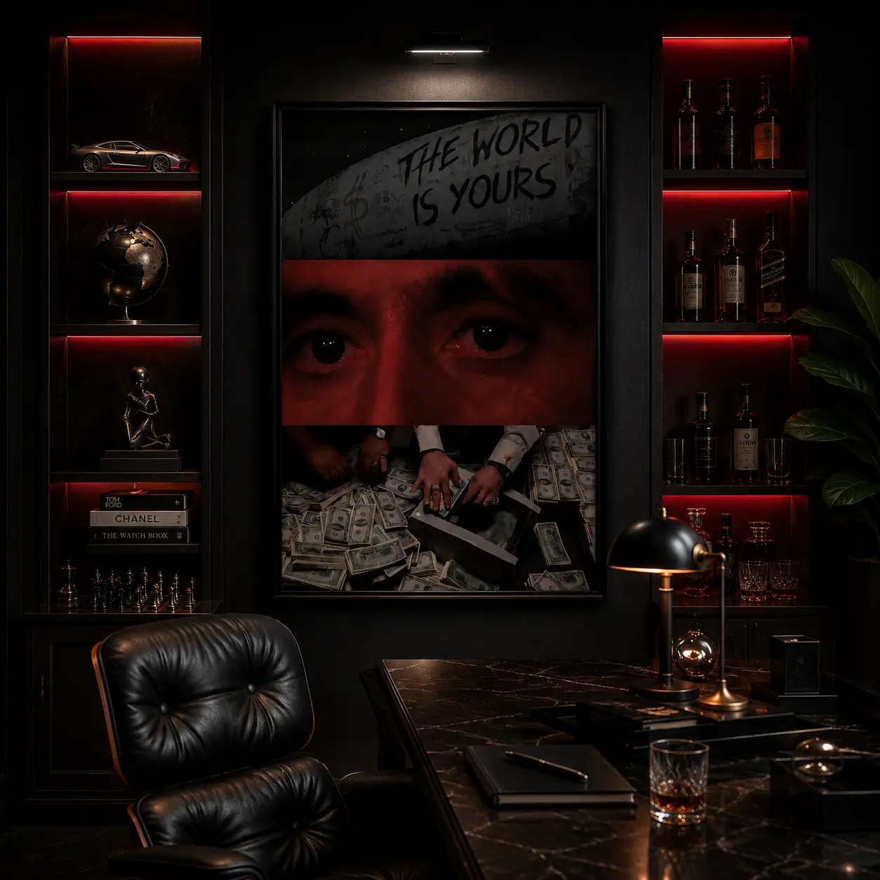Scarface "The World Is Yours" Canvas Art Print - Tony Montana Money Quote Poster, Retro Gangster Film Wall Decoration for Man Cave, Living Room