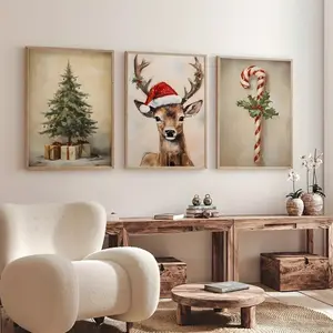 Vintage Christmas Tree Reindeer Canvas Print Wall Art Set, Wooden Frame Home Decor for Living Room, Festive Holiday Decoration, Decorative Artwork