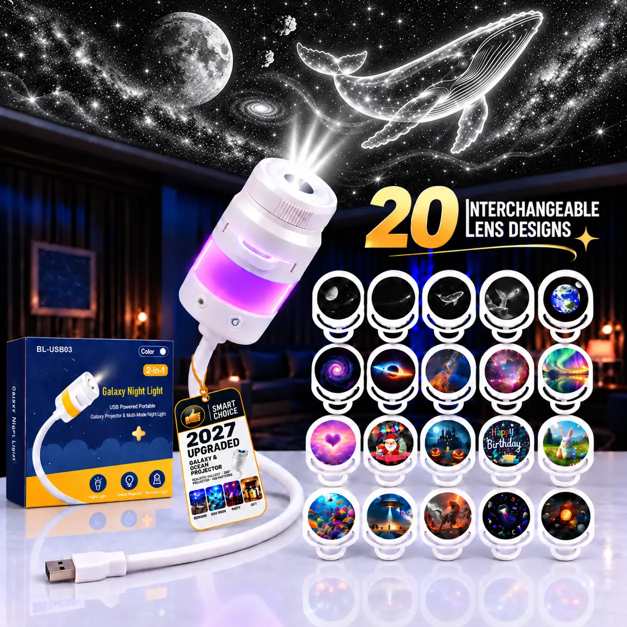 2-in-1 Galaxy Projector Night Light - USB Powered HD Ocean Projector with 13 Scenes, Starlights, Scene Atmosphere, Novelty Light