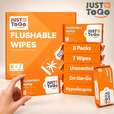JUST To Go Flushable Toilet Wipes, Pocket Travel Compact Packs, Septic Safe Plant-Based Biodegradable Wipes, Fragrance-Free & Formaldehyde-Free, Thick for Sensitive Skin, 224/112/56 Count