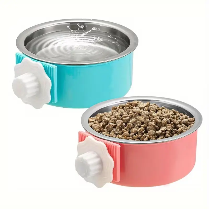 2pcs Dog Cage Bowl Pet Cage Feeder Hanging Stainless Steel Removable Pet Cage Water Food Bowl Container Chicken Coop Cup for Cat Puppy Birds Rat Guinea Pig Rabbit Hamster