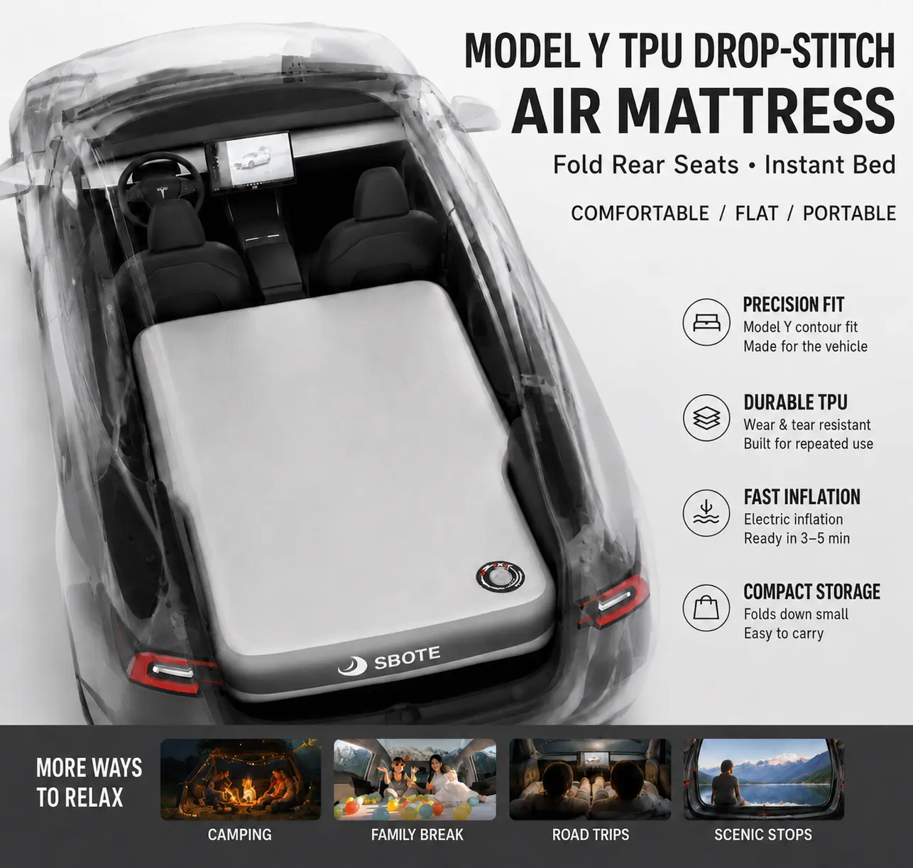 Model Y TPU Air Mattress - Fold Rear Seats Instant Bed Comfortable Flat Portable Precision Fit Durable TPU Fast Inflation Compact Storage