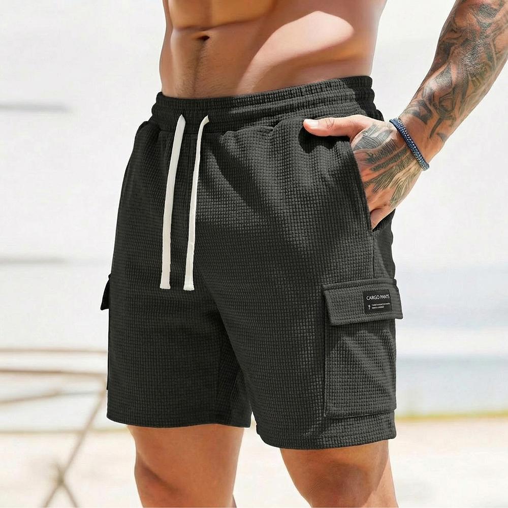 3-pack men’s waffle cargo shorts with a drawstring elastic waistband—breathable and comfortable, slimming and versatile, featuring textured fabric and multiple pockets—ideal for everyday summer outings.