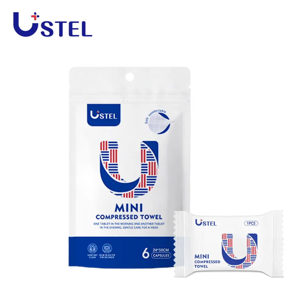 USTEL Mini Compressed Towel 6pcs/bag - Travel-Friendly Ultra Compact Plant Fibers Zero Addition Portable & Eco-Friendly for Daily Use