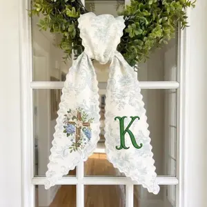 Personalized Monogram Hydrangea Wreath Sash, Embroidered Toile Door Decoration