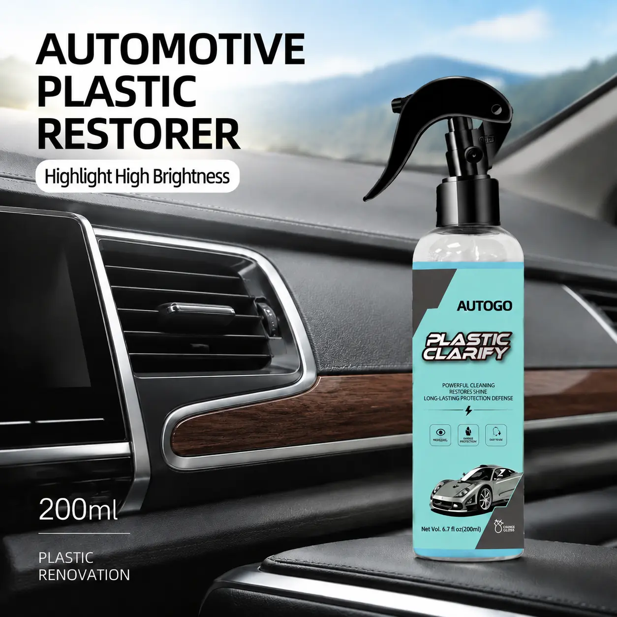 Car Plastic Trim Restorer Kit - 200ml All-in-1 Cleaner & Polish Spray Bottle, Sponge, Towel, UV Protection, Plastic-Safe, DIY Detailing for Bumper & Dashboard, Shine Restoration, Vinyl & Rubber Oxidation Def, Automotive Care, 200 Ml Bottle