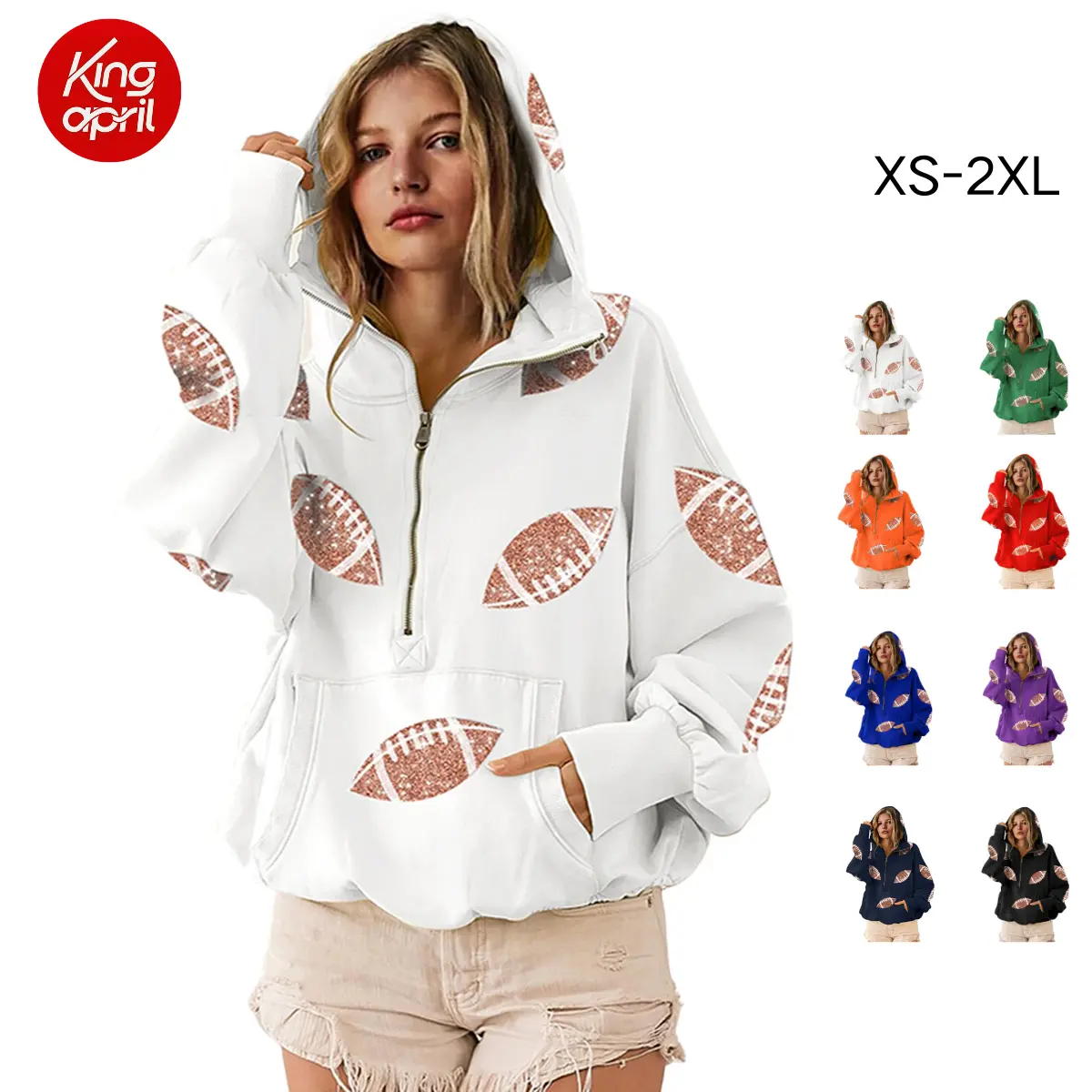 Kingapril Women's Game Day Sweatshirts Football Sequin Hoodies Tailgate Outfits Long Sleeve Zipper Sweaters with Pocket Casual Womenswear,back to school,back to school shopping