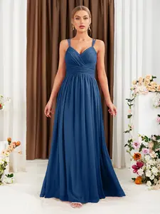 Elegant Backless Sequined Embroidered Floral Chiffon Dress, Ruched Waist Pleated A-Line Bridesmaid Gown, Sleeveless Party Dress