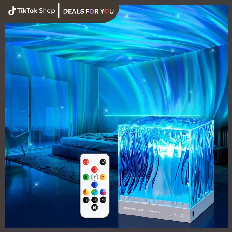 Square Ocean Wave LED Light Projector, 18 Color Modes, 16 Color Options, Rechargeable, USB Powered, Remote Control, Touch Button Switch, Memory Function, Dimmable Settings, ABS Material, Relaxing Atmosphere Novelty Lighting for Room Transformation & Decor