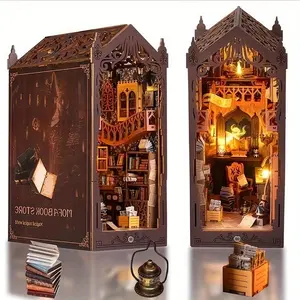 3D Wood Puzzle DIY Mini House Kit, Modern Wood Design, Bookshelf Insert Decor, LED Lighted Model, Adult Craft Hobby Gift, Home Decoration