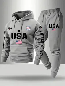 Men's Plus Size Hoodie and Sweatpants Set, Sports Suit Tracksuits, American Flag Print, Casual Sportswear, Comfortable Fit, Perfect for Daily Wear