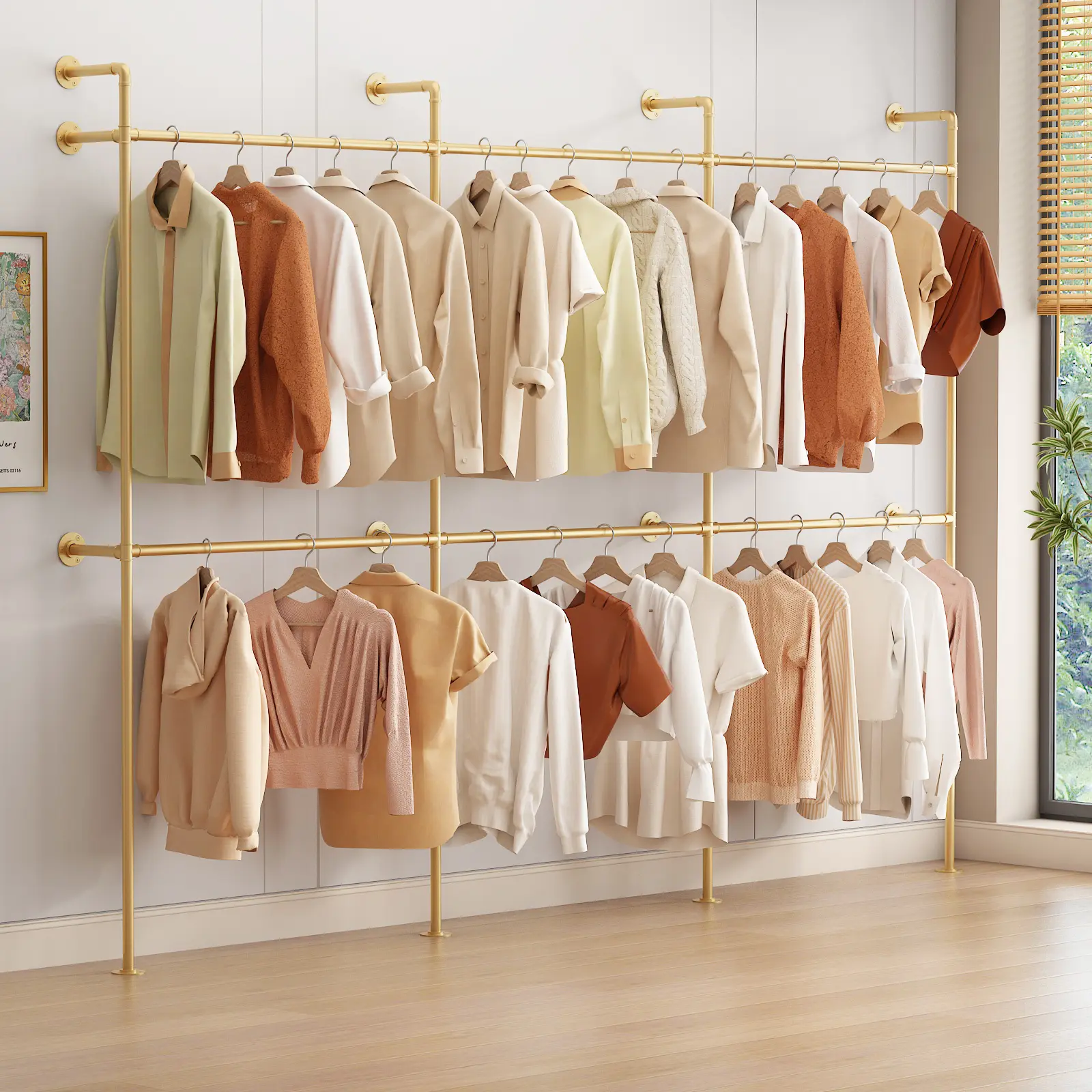 Gold Industrial Pipe Wall-Mounted Coat Rack, Heavy-Duty Clothing Storage Wardrobe Organizer for Home Retail Use (3-Piece Metal Hanging Garment Display Rack)