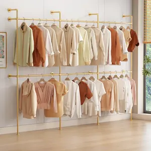 Industrial Pipe Clothing Rack, Heavy Duty Clothes Rack for Hanging Clothes, Wall Mounted Display Garment Rack for Home Retail Boutique (Three, Gold) Metal Organiser Hangable