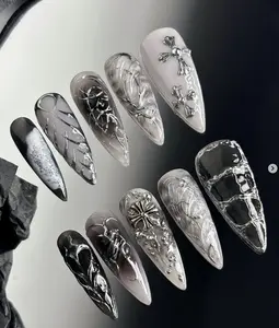 Black Chrome Gothic Nails | 3D Cross Charms & Web Details | Long Stiletto Press On Set, Smoky Marble & Metal Accent Dark Aesthetic Nails
