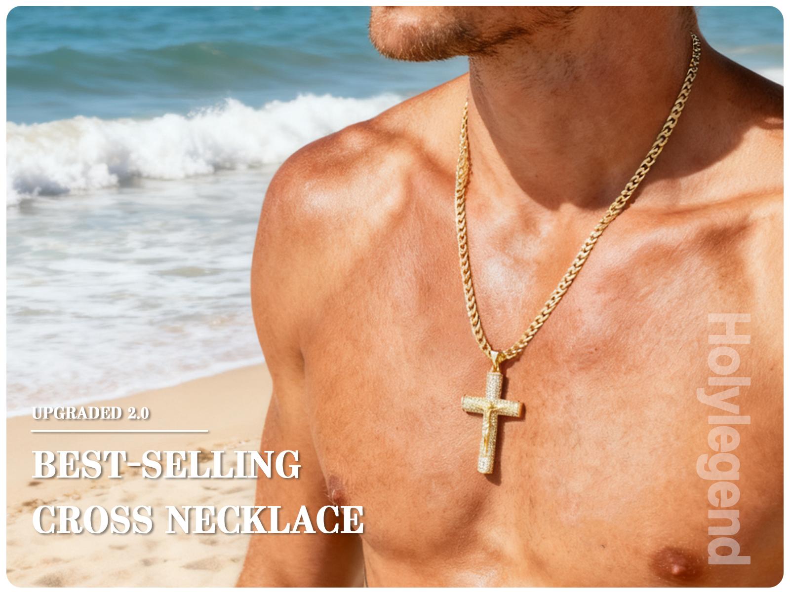 Holylegend 14k Real Gold-Plated Cuban , Figaro, Miami Cross with Jesus Christ Crucifix,24 inches Long and 6mm Wide,Handcrafted Polishing and Multiple Electroplating Daily Wear Necklace