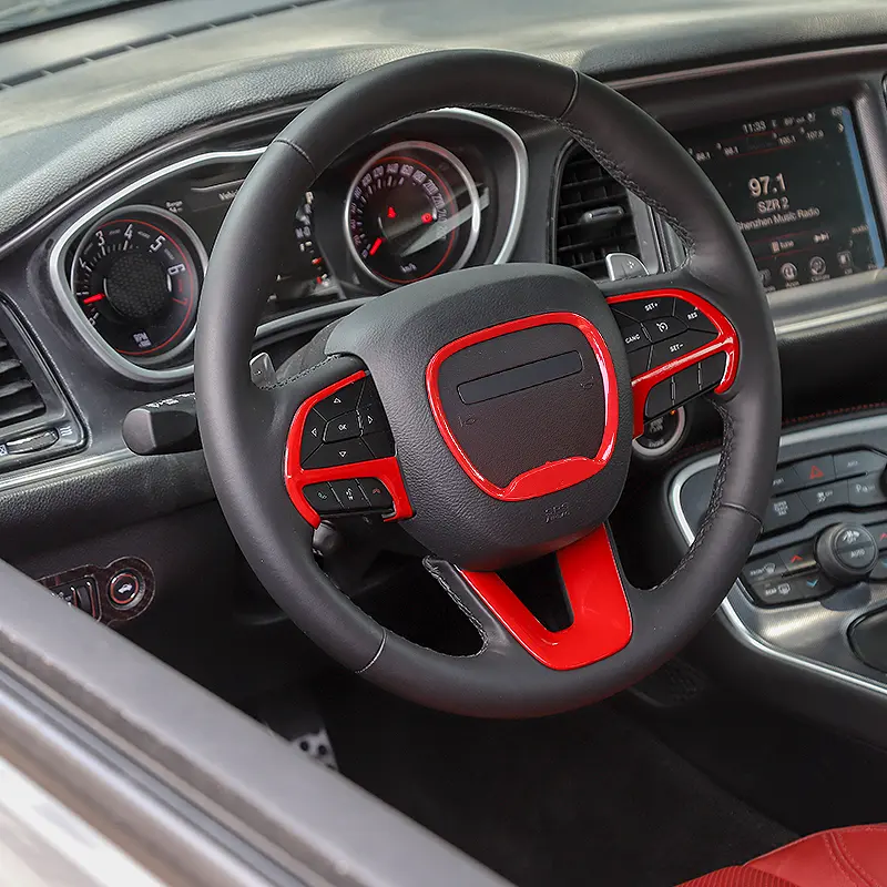ABS Carbon Fiber Steering Wheel Decor Cover Kit Trim - Colored Decals (Red, Blue, Green, Pink) for 2015+ Dodge Challenger & Charger, steeringwheelcover, accessories for car, auto interior stickers, elevate car's interior style