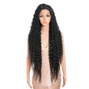 36"Super Long Curly Wig C-Shaped Side Part Lace Wig Afro  Hair Synthetic Black Wigs(36 inches, 1B)