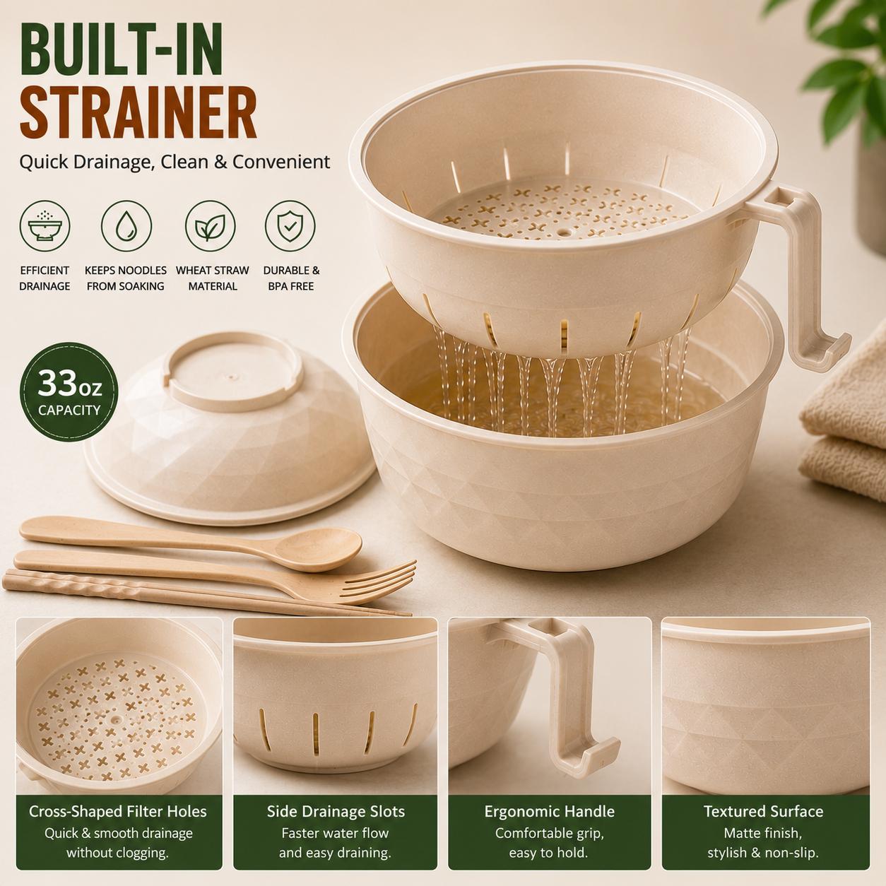 MIUVA Microwave Ramen Bowl Set with Handle, Spoon, Fork, Chopsticks, 6 Sets, Safe & Easy Use, Versatile for Noodles, Soups, Cereals, Ideal for Dorms & Home, Christmas Gift, Spring Kitchen Gadgets
