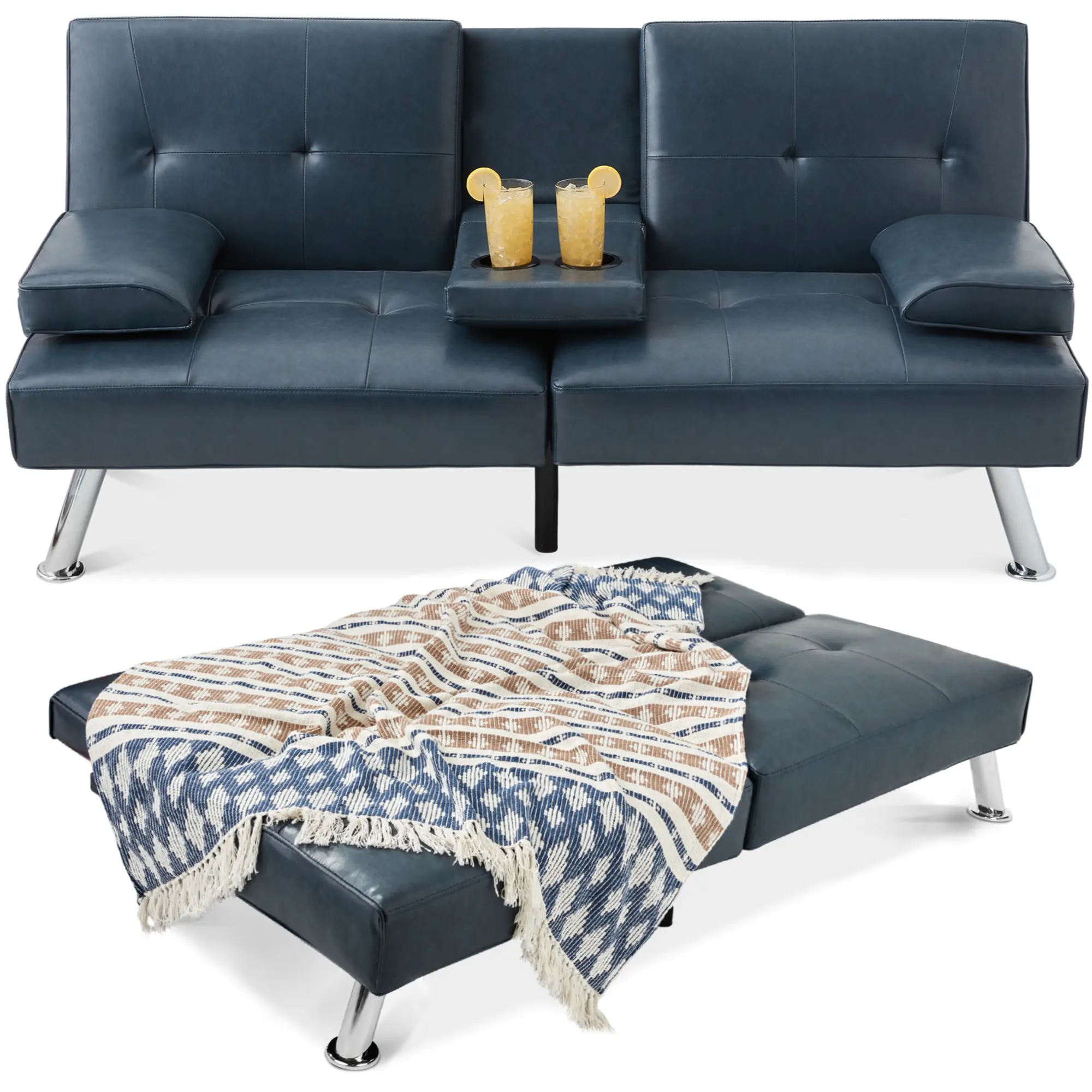 Best Choice Products Modern Faux Leather Convertible Futon Sofa w/ Removable Armrests, 2 Cupholders Best Choice Products Modern Faux Leather Convertible Futon Sofa w/ Removable Armrests, 2 Cupholders