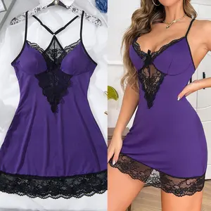 Purple Sexy Women Lingerie Lace Trim Babydoll Chemise Sleepwear Nightwear Mini Dress