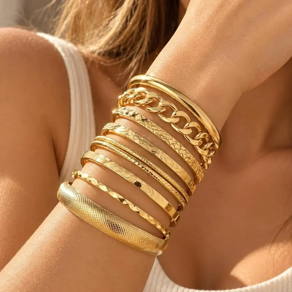 17KM 10-Piece Gold-Tone Stackable Bangle Bracelet Set for Women, Textured & Twisted Fashion Jewelry, Holiday Gift for Her