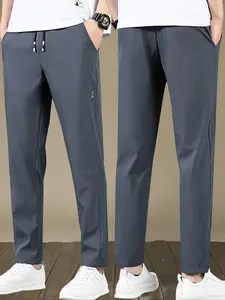 Men's Loose-Fit Classic Casual Plain Pants, Trouser, Breathable Lightweight Straight Leg Design, Elastic Waistband Comfort, Spring & Fall Fashion