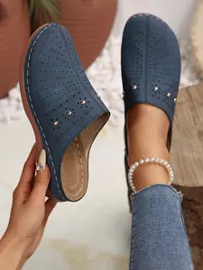 Women's Fashion Slip-On Sandals, Casual PU Leather Footwear, Comfortable Rubber Sole, All-Season Wear, Plain Design, Less Than Ankle Height, Shoe