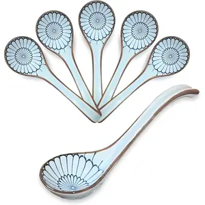 6PCS Asian Ceramic Soup Spoons with Long Handle and Deep Bottom for Ramen Wonton Dumpling Noodle