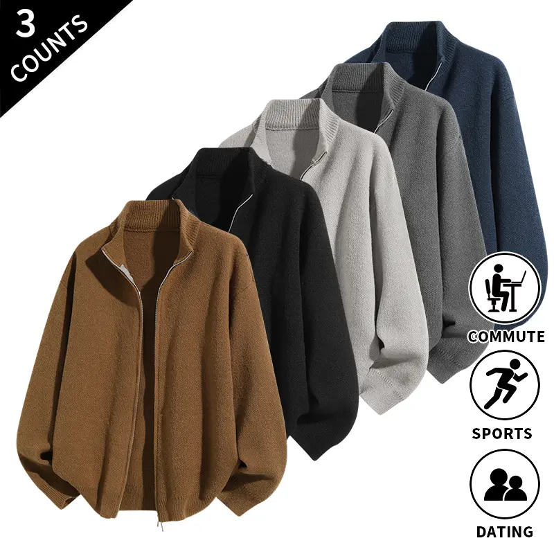 Men's 3-Piece Zip-Up Knitwear Set - Long Sleeve Stand Collar Cardigan, Pullover Tops, Plain Menswear for Casual Commuting, Suitable for Spring, Autumn