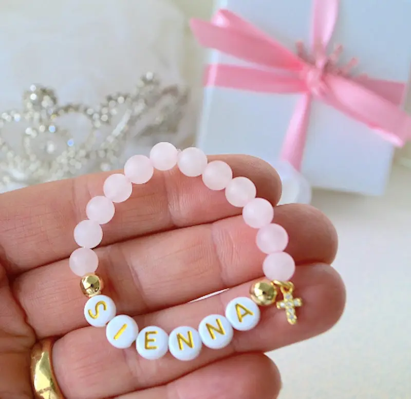 18K Gold Rhinestone Cross Rose Quartz Baby Bracelet – Personalized Girls Jewelry, Baptism, Christening & Baby Shower Gift