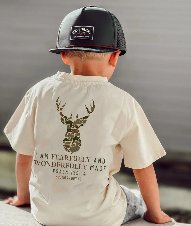 Camo Deer I Am Fearfully & Wonderfully shirt, girl boy clothing, Youth stuff for boys, (back-side) girl clothes