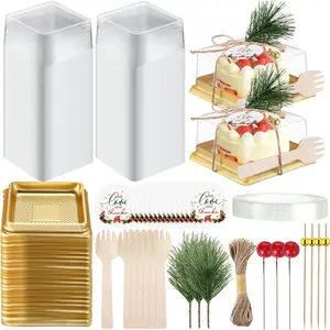 300 Pcs/50 Set Christmas Small Bakery Boxes with Clear Lids, Disposable Mini Dessert Box with Forks Cocktail Picks Thanks Tags, Square Cupcake Containers Xmas Party Favors for Macaron Muffins