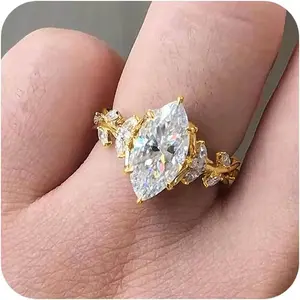 14K Gold Plated Cubic Zirconia Flower Statement Promise Rings for Women, Dainty Solitaire Marquise Cut CZ Wedding Infinity Promise Bands Engagement Rings Jewelry Gifts for Her Size 7#