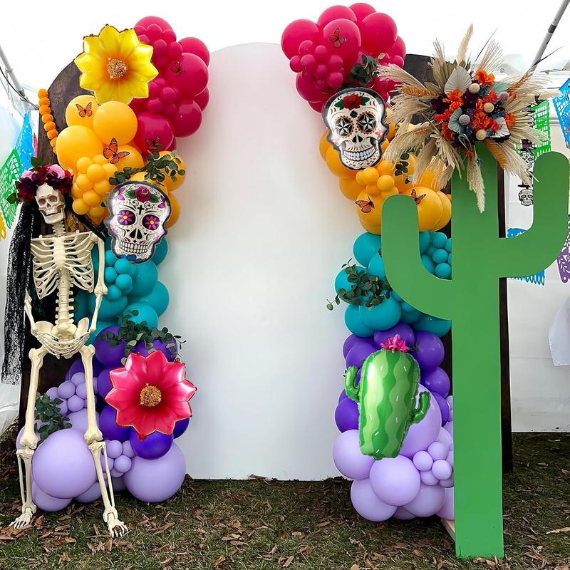 Dia de Muertos Balloon Arch Kit,160PCS Mixed Colorful Day of the  Balloon Garland with Cactus  Sugar Skull Foil Balloons for Halloween 5 de Mayo Mexican Fiesta Party Altar Decorations