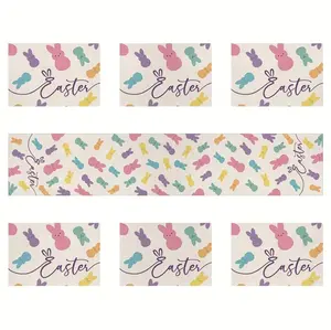Easter Table Runner and 4/6 Placemats Set – Happy Easter Bunny & Colorful Egg Linen Style Table Decor, Spring Holiday Indoor Outdoor Dining & Party Decoration