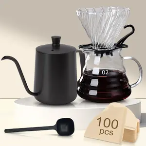 Pour Over Coffee Maker Set of 5, Specialty Coffee Maker, Includes 20oz/600ml Stainless Steel Pour Over Coffee Kettle, 20oz/600ml Borosilicate Glass Coffee Carafe, Spiral Design Glass Coffee Dripper, Long Handle Coffee Spoon, V02 Filter Paper(100 Sheets)