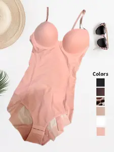 Women's Solid Color Pleated Mesh Shapewear Bodysuit with Removable Chest Pad, Casual Adjustable Straps Tummy Control Shaper, Women's Shapewear for All Seasons, Womenswear