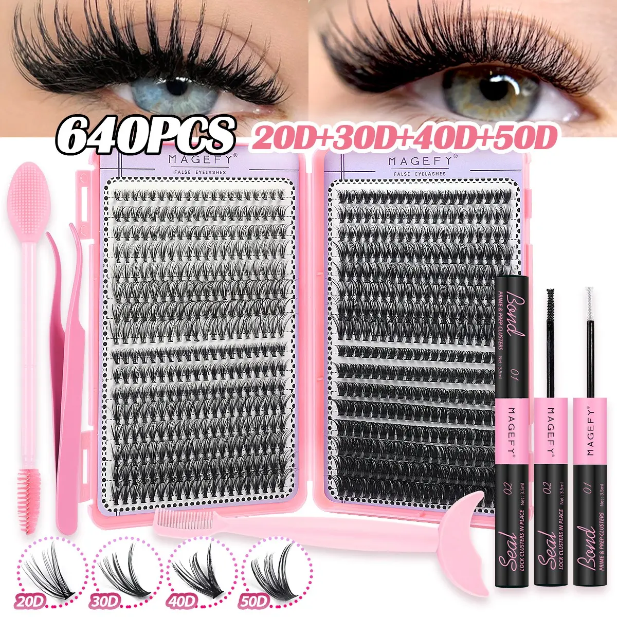 MAGEFY 640pcs Individual False Lash Clusters, Individual Eyelash Extensions, Eyelash Extension Kit Includes Lashes, Adhesive, Double-Ended Eyebrow Brush + Massager, Eyeliner + Eyebrow Comb and Tweezers, D Curl Lash (20D+30D+40D+50D), Home Makeup Tools