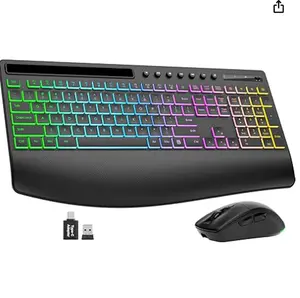 SABLUTE KM22 Ultra Wireless Keyboard and Mouse Combo, 4000mAh Rechargeable Backlit Keyboard with Wrist Rest & Phone Holder, Full Size Quiet Typing, 2.4G USB-A/Type-C for PC, Laptop, Windows, Chrome OS (Black)