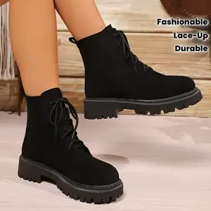 Women'S Vintage-Inspired Chunky Platform Ankle Boots - Cozy Fleece-Lined Round-Toe Lace-Up Mid-Calf Boots with Thick Rubber Sole, Black, Winter Casual & Stylish Riding Boots, Winter Riding Boots | Chunky Platform Boots | Durable Rubber Sole